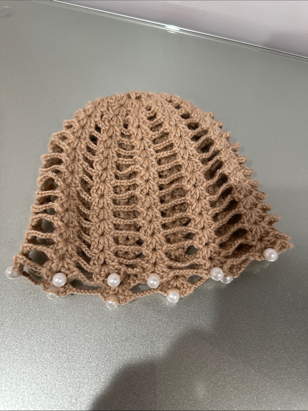 Pearl-Trim Crochet Beanie in Brown